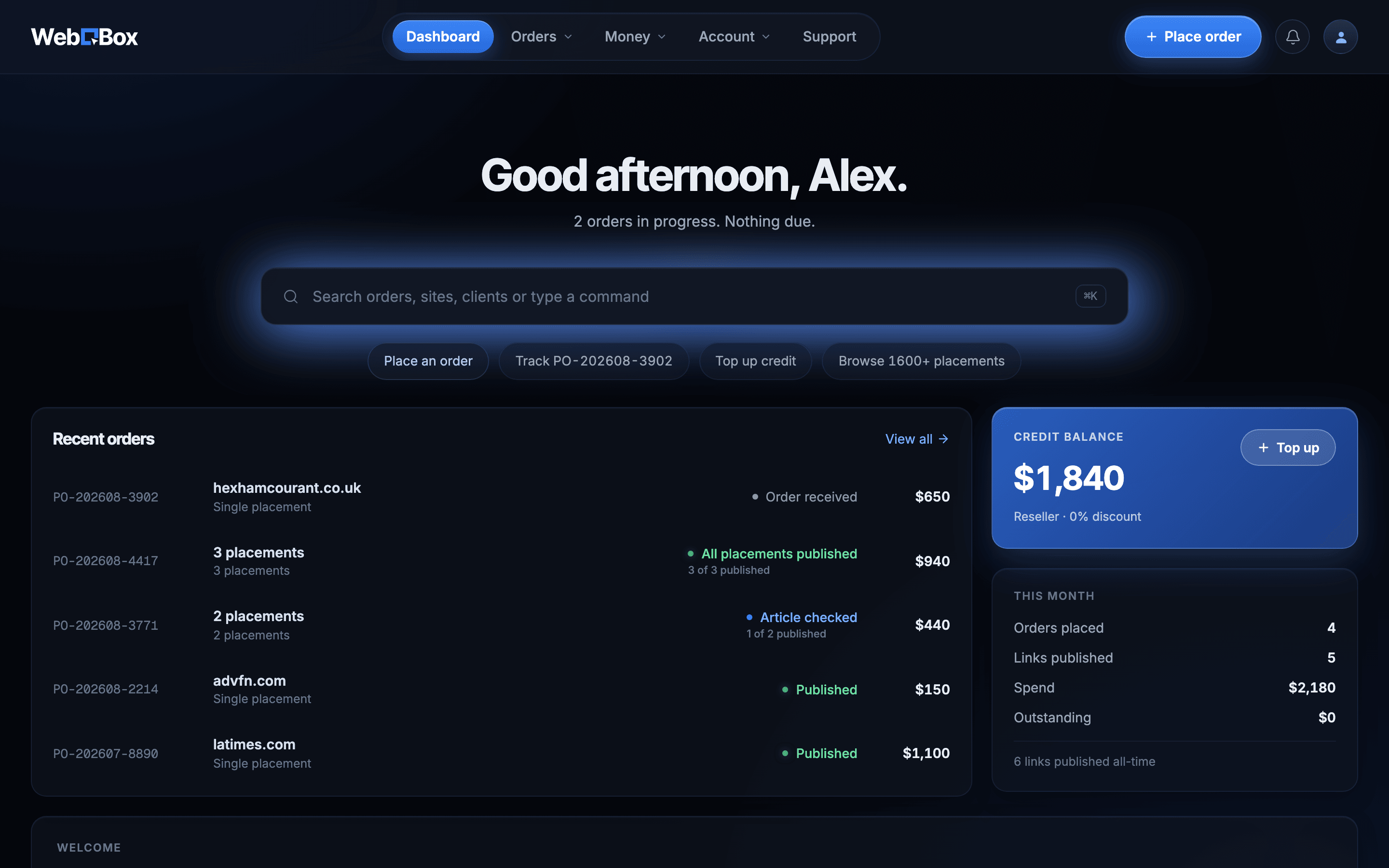 The WebBox client portal dashboard showing credit balance, active orders, published links and recent order history